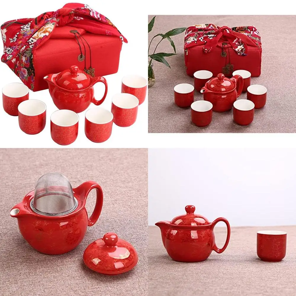 

Traditional Chinese Wedding Porcelain Tea Set with Double Happiness Design, Red Tea Pot and Cups, 7 Pieces