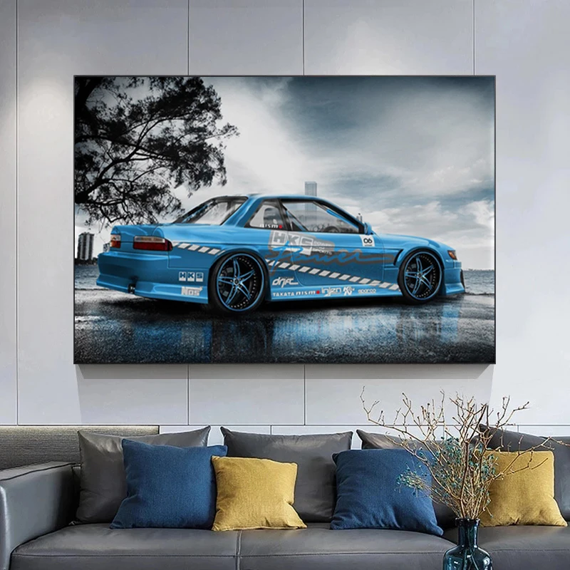 Cool Blue Nissan Silvia S13 Drift Low Lying Pneumatic Jdm Sports Car Canvas Poster Print Painting Wall Home Living Room Decor