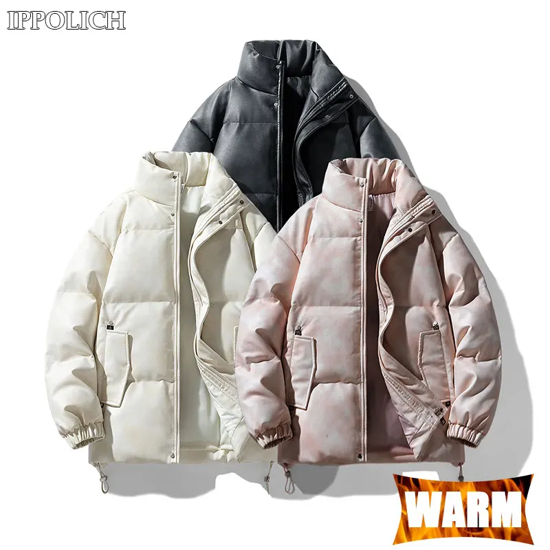 Winter Coat Men Stand Collar Windproof Warm Thickened Comfortable Tie-Dye Cargo Casual Jacket Sport Running Windproof Warm Coat