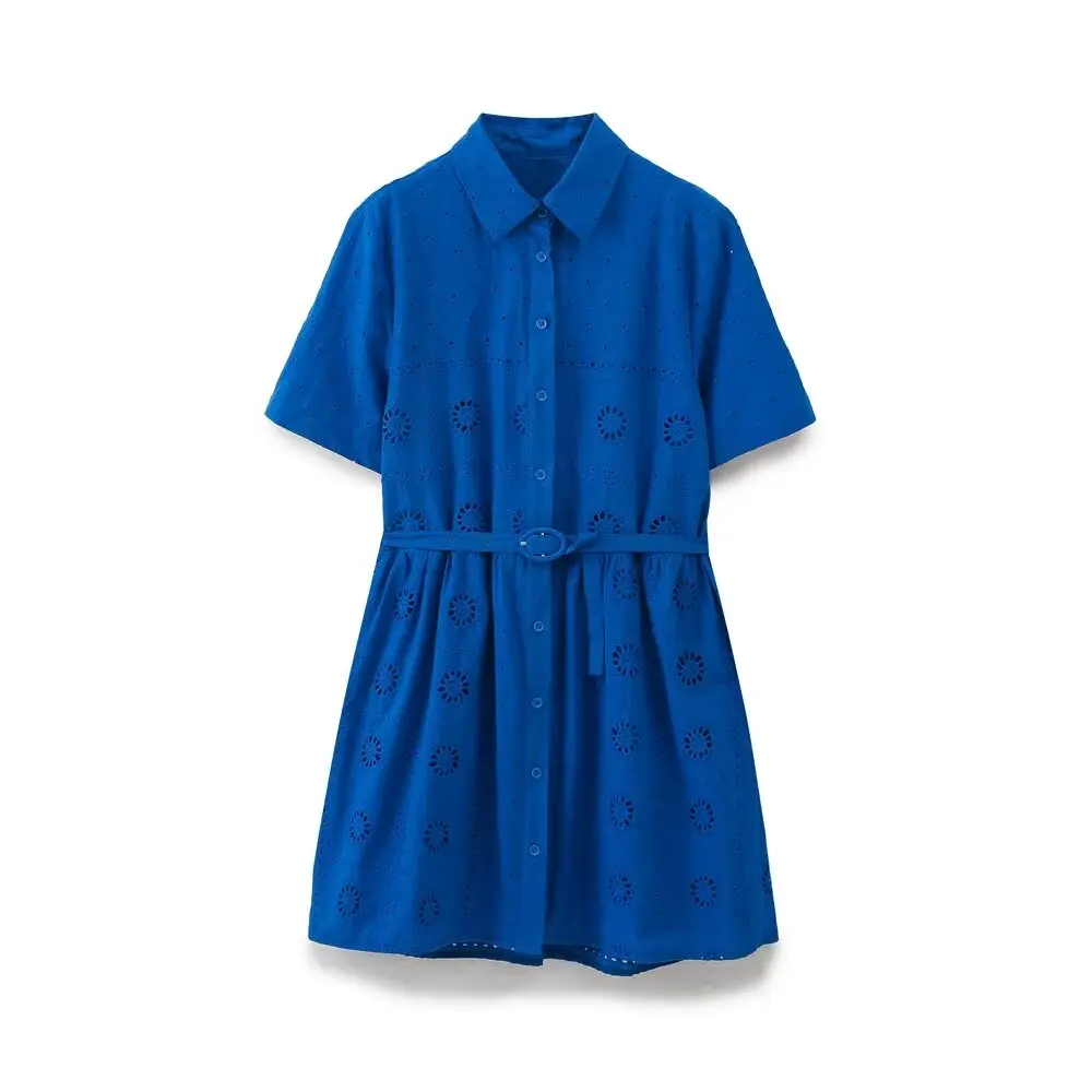 Tangada 2024 Women Embroidery Cotton Dress With Slash Short Sleeve Females Blue Short Dresses 6H0243