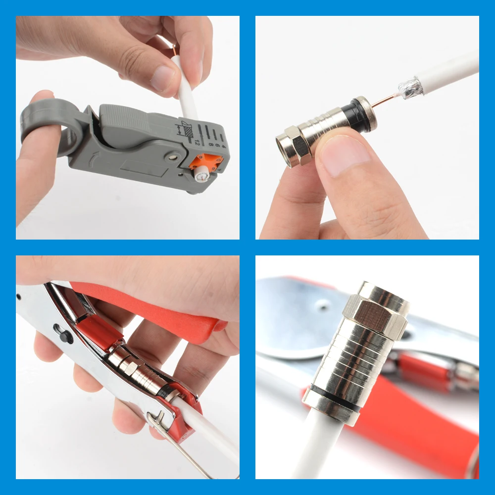 Coax Cable Crimper Wire Stripper Tool Kit RG6 Compression F Connectors Coaxial Compression Tool Set for RG59 Cable Handling