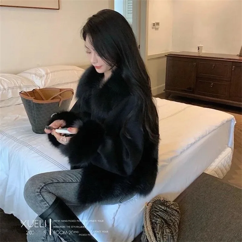 Mulheres coreanas mangas compridas de pelúcia outwear inverno moda feminina curto casaco de pele de vison 2025 senhoras retalhos solto jaqueta de pele do falso