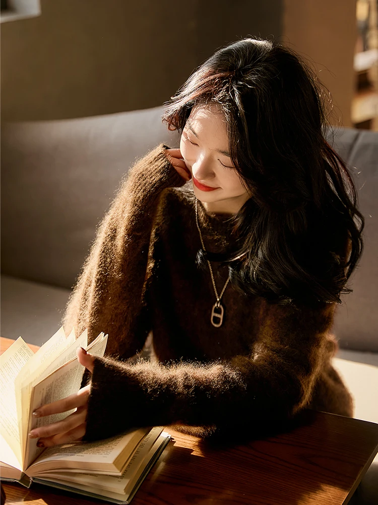 

Ebony brown cashmere napped cashmere seamless one-side knitted pullover top lady