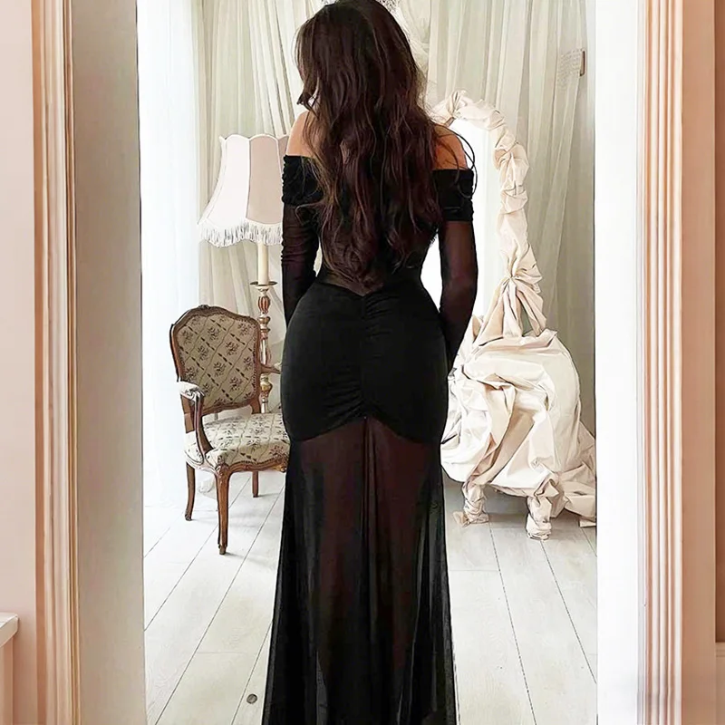 فستان Ticketsx أنيق شفاف من خلال مكشكش سادة بدون أكتاف مرقع عالي الخصر فستان نحيف مثير بدون ظهر للحفلات المسائية #6