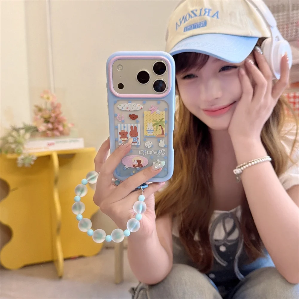 Cute Summer Blue Miffy Collage Phone Case For iPhone 18 17 16 15 Pro Max Cartoon Rabbit Beaded Shockproof Cover For Girls