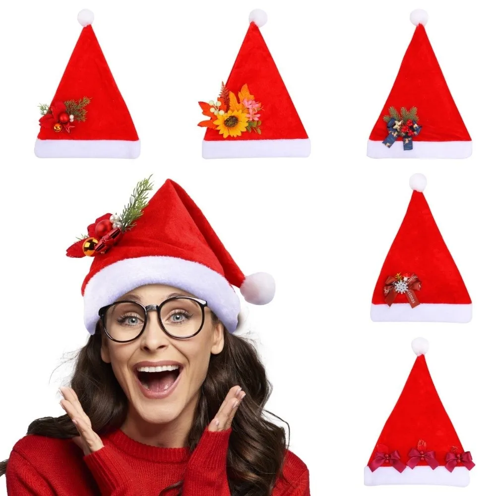 

Warm Bow Plush Christmas Hat Snowflake Flower Santa Claus Hat Korean Style Velvet Xmas Cap Festive Party