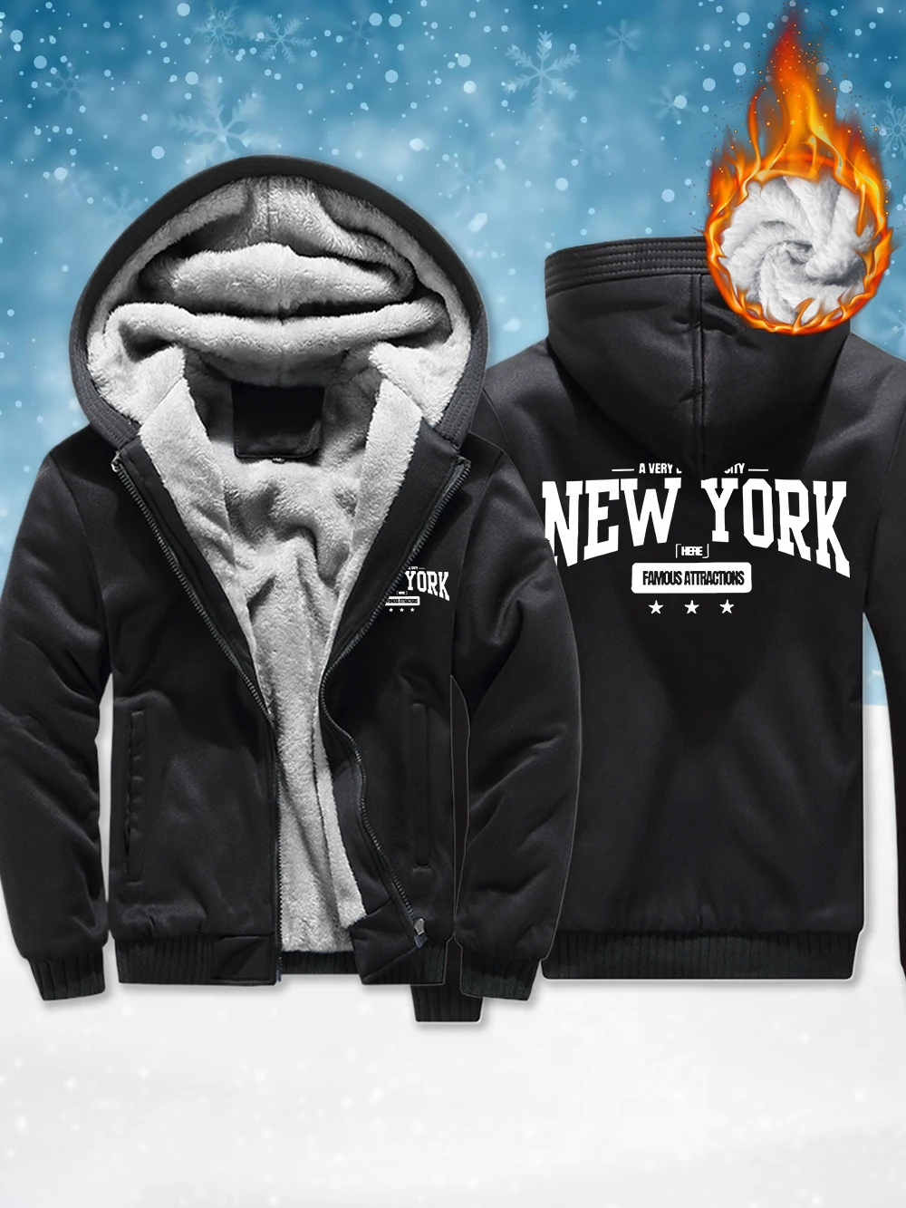 

New York Bustling City Printing Men Thicken Jackets Winter Windproof Zipper Outerwear Thermal Fleece Warm Coats Male Clothes