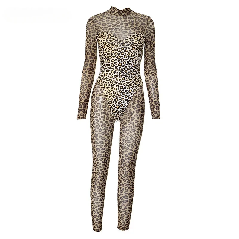 BWQ Actieve Luipaardprint O-hals Bodycon Jumpsuit Vrouwen 2025 Winter See Through Sexy Club Een Stuk Overall Rompertjes Outfits