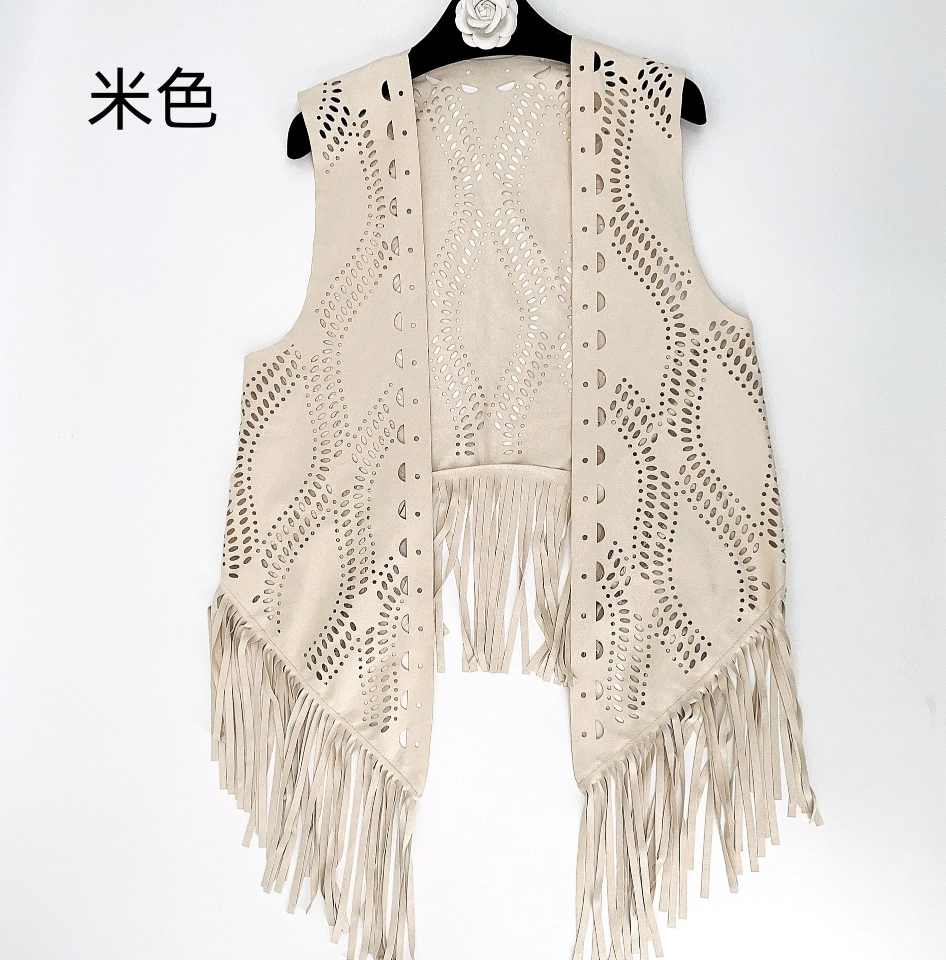 Fashion Casual Women\'s Hollowed Out Flower Fringe Vest Solid Color Loose Cardigan Coat