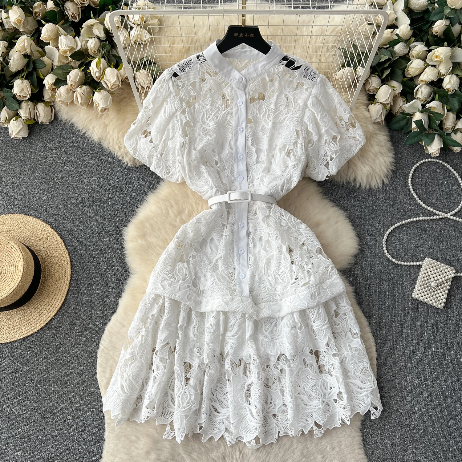 

Runway Vintage Summer White Lace Dress High Quality Women Stand Collar Puff Sleeve Embroidery Hollow Out Party Vestido With Belt