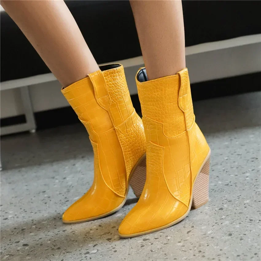 Western Denim Cowgirl Ankle Boots for Women High Wedge Heels Blue Jeans Yellow Pink Crocodile Print Lady Pointed Toe Short Boots