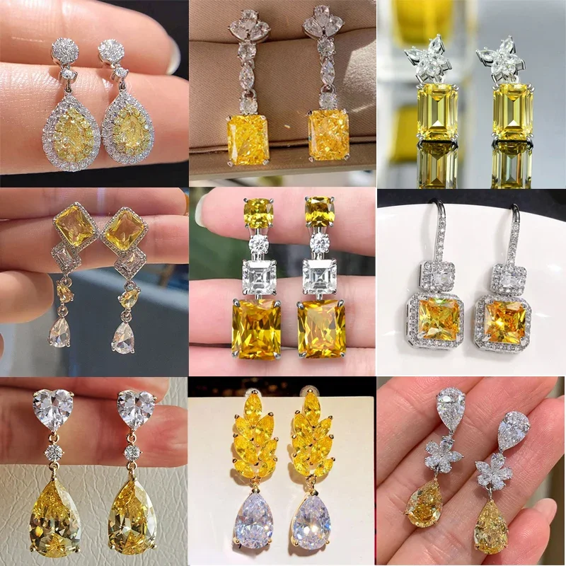 New Simple and Elegant Square Cubic Zirconia Earrings Bling Yellow CZ Dangle  Luxury Women Wedding Engagement Jewelry