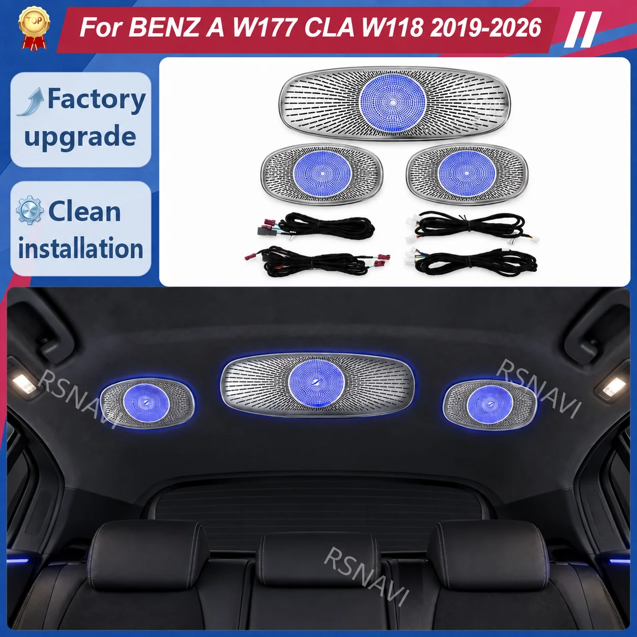 3-Piece Rear Roof Ambient Lighting Kit for Mercedes-Benz A-Class W177 CLA W118 2019-2026 Overhead Ceiling Interior Retrofit Trim
