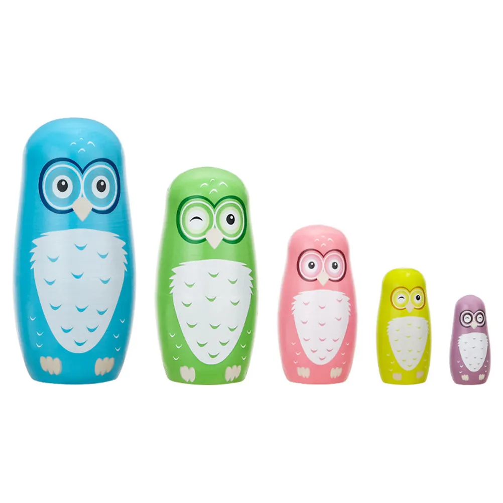 

5Pcs Owl Pattern Wooden Russian Nesting Matryoshka for Kids Home Decor Creative Educational Animal Set Owl Nesting