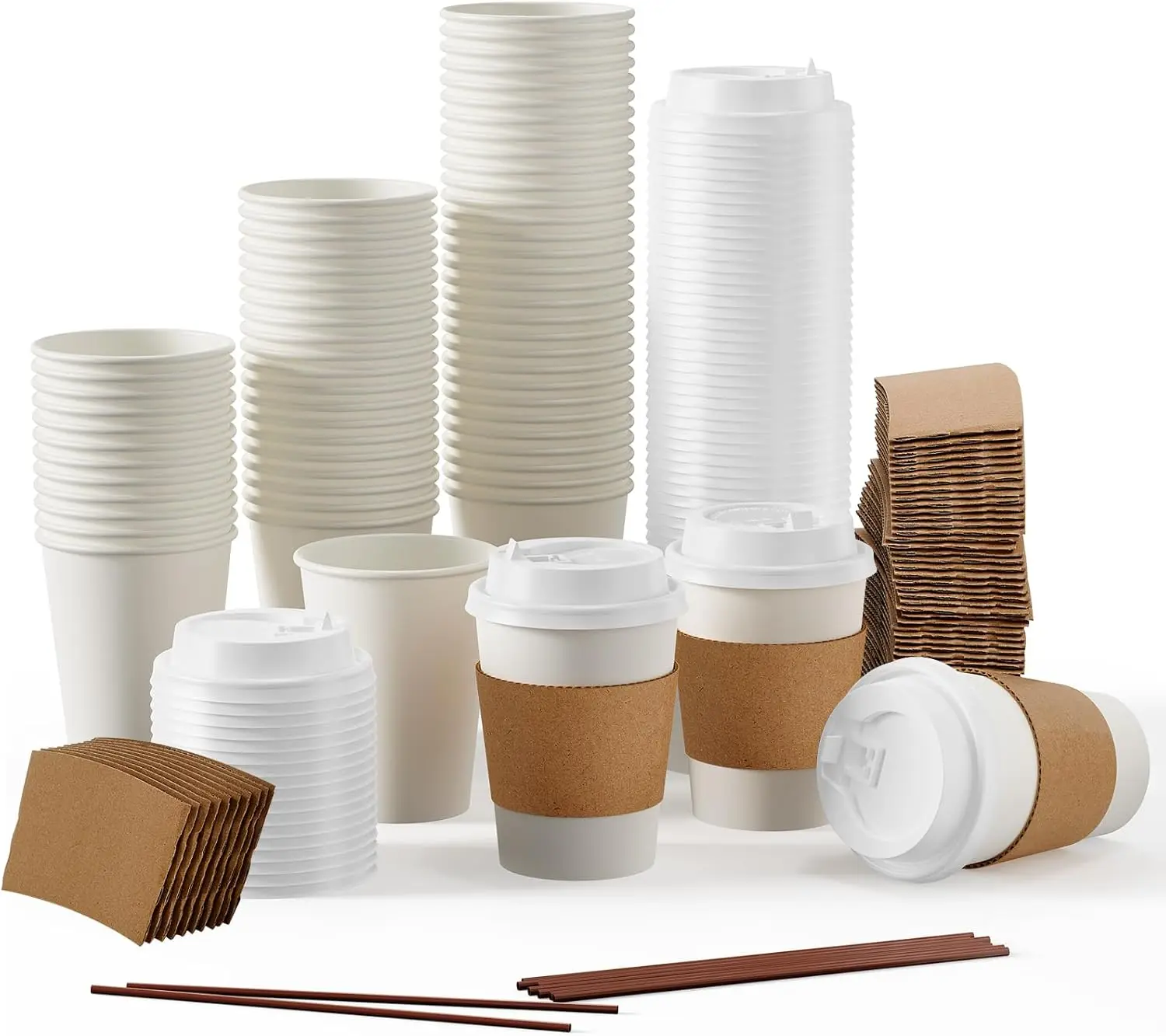 

[100 Pack] 12 oz Paper Coffee Cups, Disposable Paper Coffee Cup with Lids, Sleeves, and Stirrers, Hot/Cold Beverage Drin