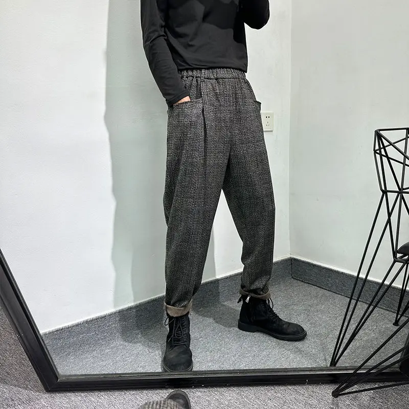 Retro Distressed Plaid Striped Loose Multi-Pocket Ankle Banded Pants Harajuku Style Simple Non-Ironing Stretch Casual