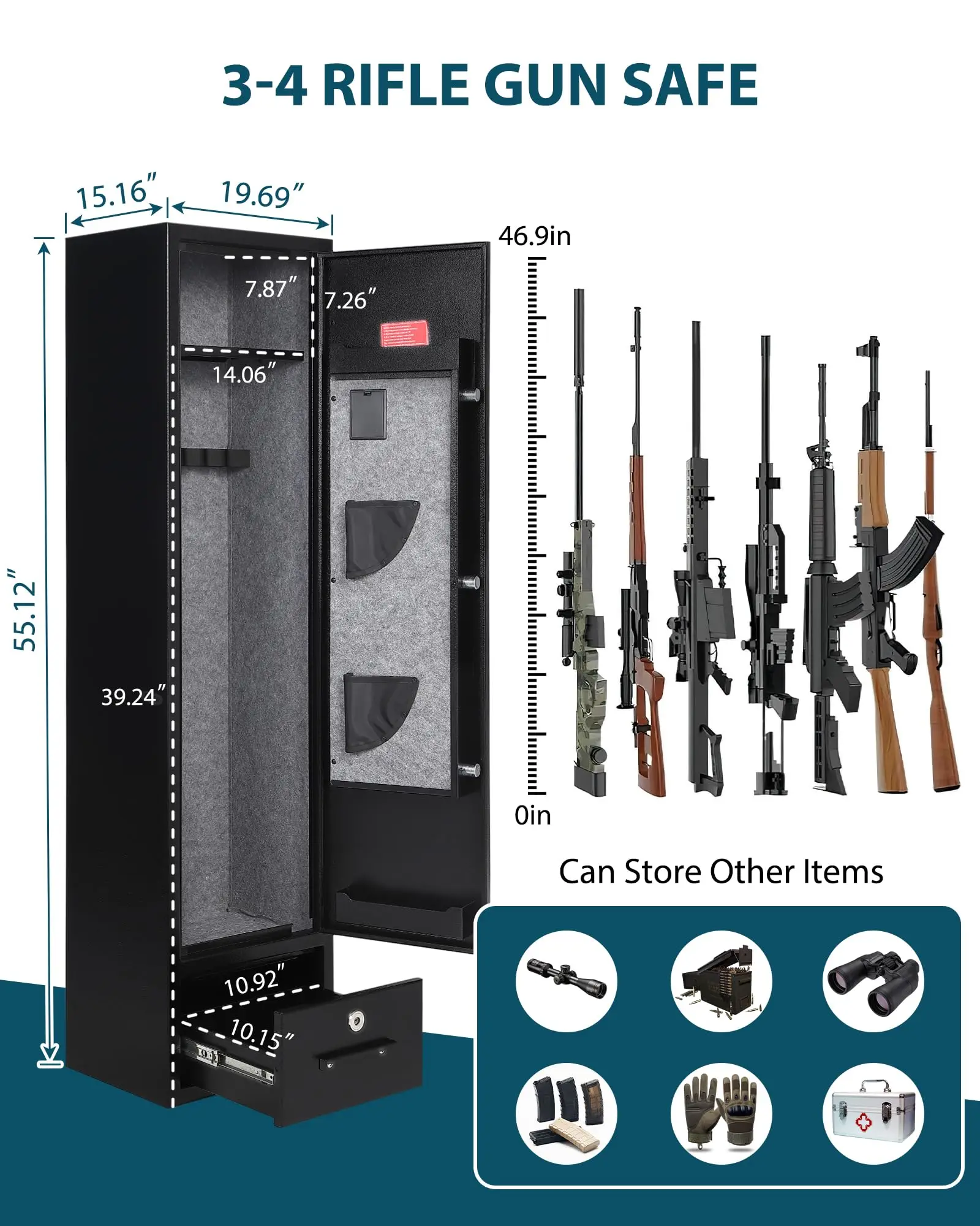 8-12 Gun Safe Cabinet for Rifles & Handguns, Heavy-Duty Steel with Digital Keypad, Removable Shelf, Adjustable Racks, Handgun Pockets & LED Light