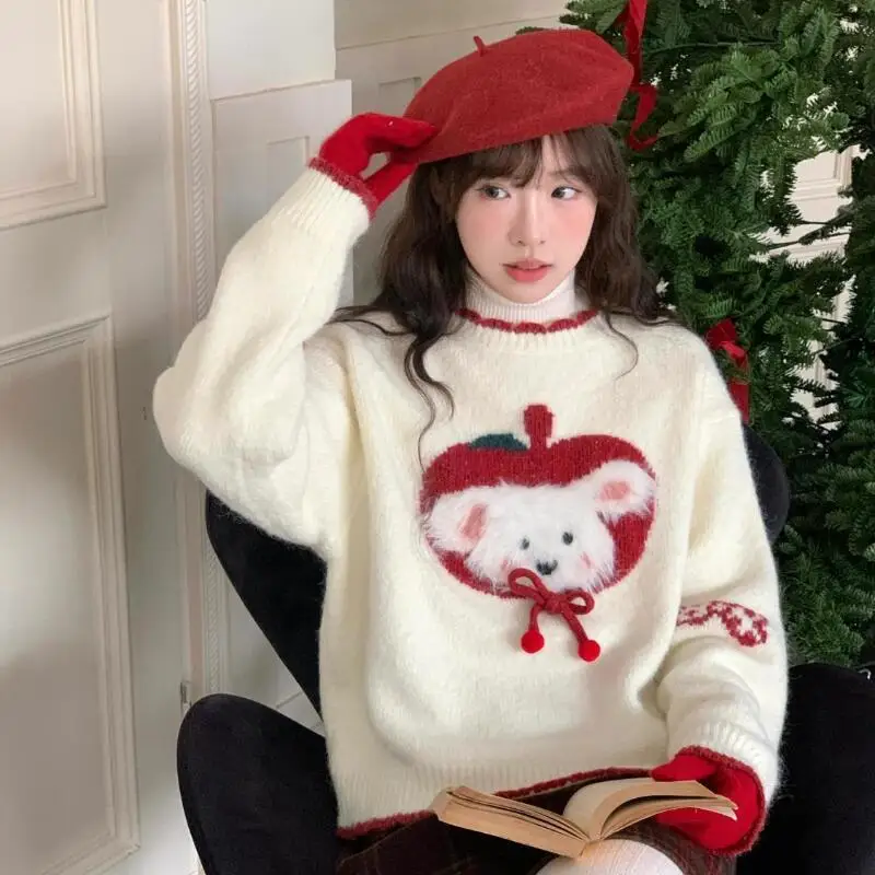 

Woman Christmas Sweater Winter Fashion Keep Warm Tops Lazy Good-Looking Niche Pullover Soft Sticky Round Neck Kawaii Knitwear