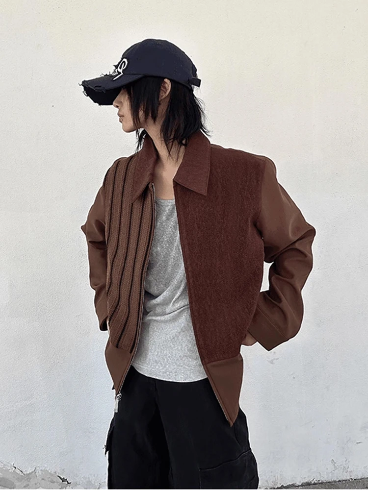 

American Retro Striped Splicing Color Blo Collar Jaet Men's Sle Autumn Old Money Design Baseball orm