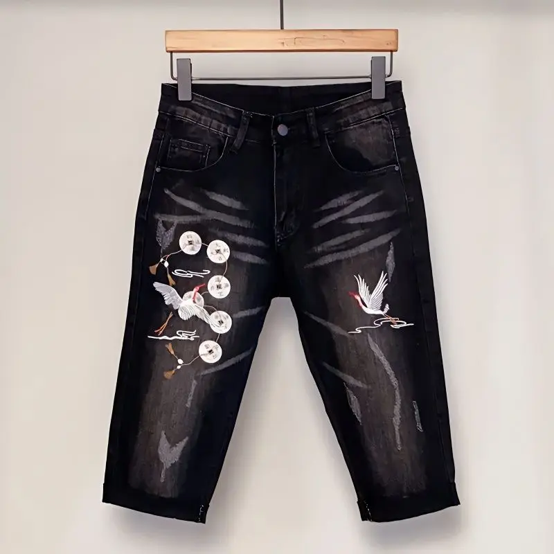 Cropped Long Jeans Men's Chinese Style Summer Crane Embroidered Pants National Fashion Stretch Skinny Slim-Fit Pants