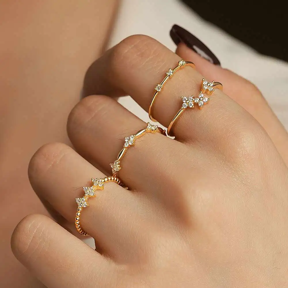 F.I.N.S 925 Sterling Silver Simple Geometric Flower Zircon Ring For Women Stackable Wedding Party Index Finger Fine Jewelry