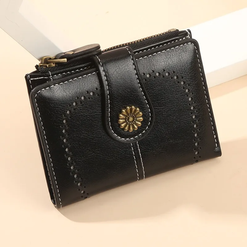 Women Vintage Wallets Greased Leather Flower Ladies Zipper Coin Purse Female Small Clutch Money Bag Credit Card Holder Wallet