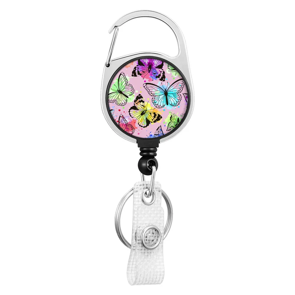 Cartoon Butterfly Pattern Badge Holder For Office ID Card Keychain Employee Name Tag Holder Retractable Easy Pull Button