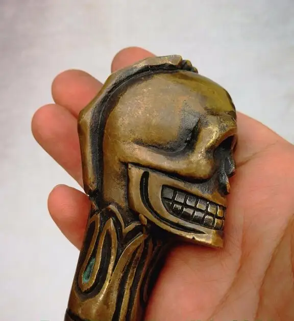 Old Bronze Hand Carved handguard skull Statue Cane Walking Stick Head