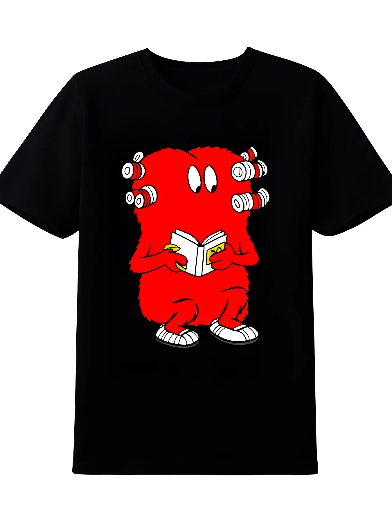 Quirky Red Spotted Creature Pattern Men's Oversized T-Shirt, Cartoon Design with Playful Bobbin Pattern, Classic White Sneaker Elements, Fun and Unique Casual Top, Pure Black Background Made from Lightweight and Comfortable Fabrics, Suitable for All Seasons, Ideal for Outdoor Sports, Fitness, Running, and Everyday Casual Wear.