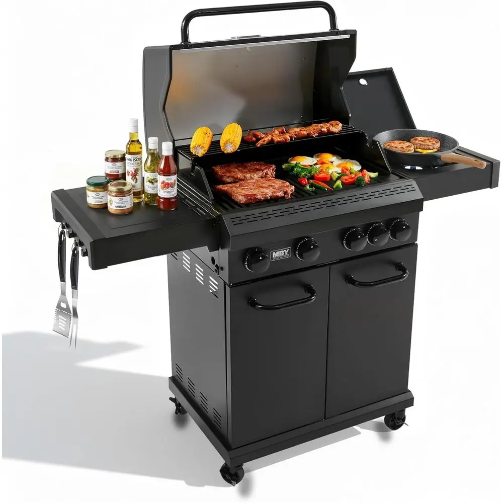 

Газовый гриль на 4 конфорки с боковой горелкой, эмалированными чугунными решетками и колесами для приготовления пищи на открытом воздухе