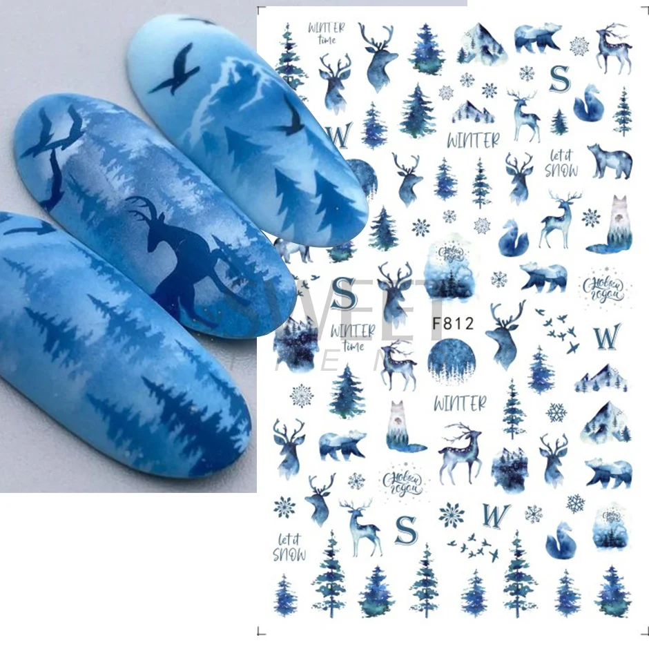 Winter Besneeuwde Nagels Art Design Witte Sneeuw Elanden Boom Wonderland 3D Sticker Nail Decoratie Leuke Pinguïn Beer Decal Accessoire SAF816