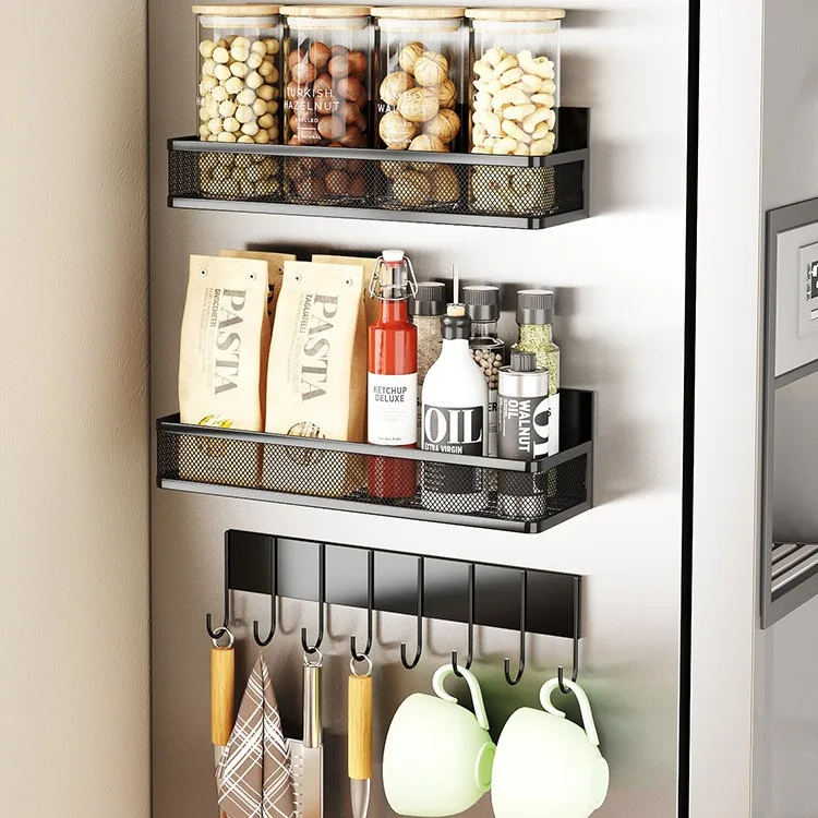 Magnetic Rack 3Pcs Spice Rack for Refrigerator No Drilling Wall Mount Spice Rack Kitchen Organizer Utensil Hanger Hook Shelf