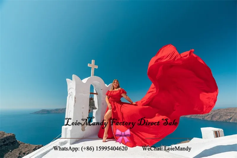 Red Flying Evening Dresses for Photoshoot Elegant Flying Dress With White Belt High Split Long Train Santorini Prom Party Gowns