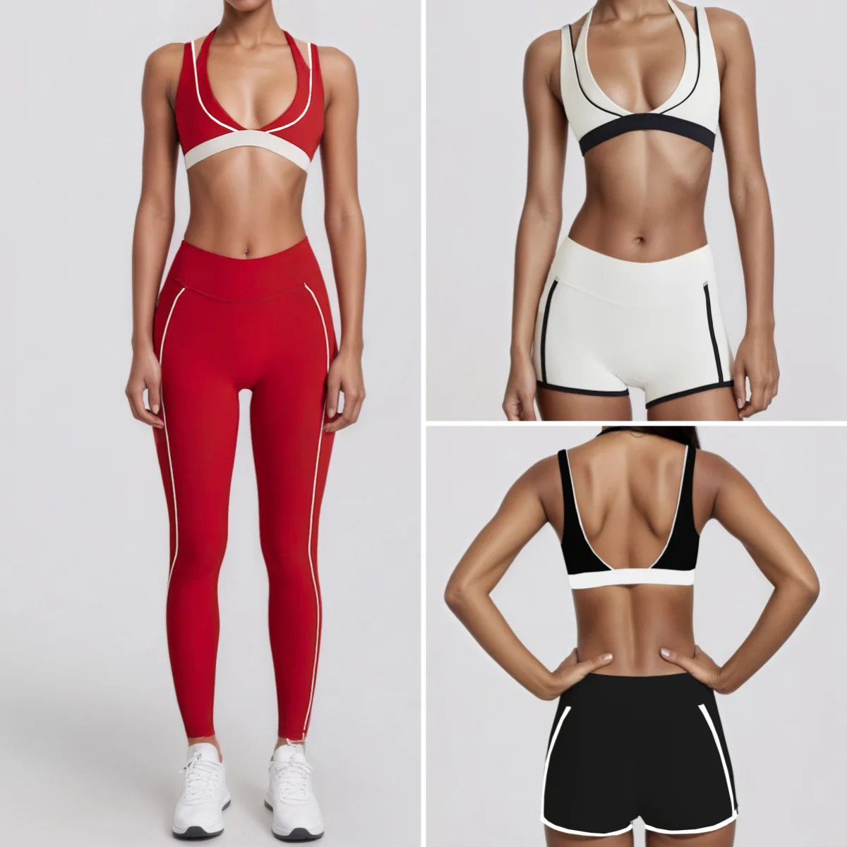 

2 Piece Yoga Sets V-Neck Sports Bras Hanging Neck Fitness Workout Running Gym Woman Clothing Contrast Color Yoga Shorts leggings