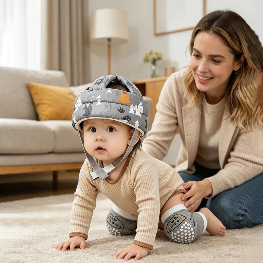 2-teiliges Set: Baby-Kopfschutzkappe + Baby-Knieschoner, in verschiedenen Farben erhältlich, Baby-Lauflern-Kopfschutz-Kombi-Set, Cartoon-Druck, verstellbares, sturz- und stoßfestes, weiches Kopfschutzpolster für Kleink – Detail 3