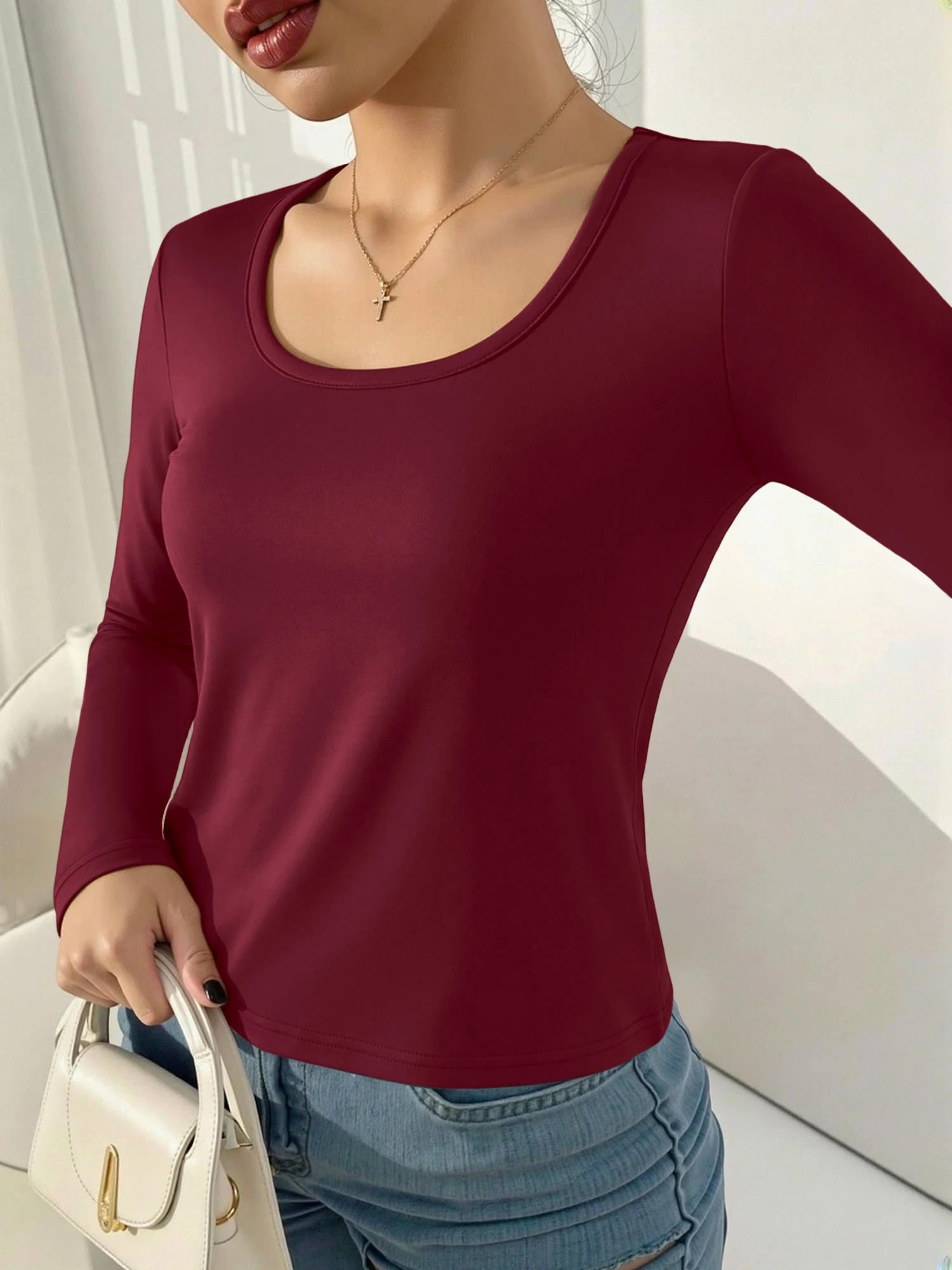 Sophisticated U‑Neck Long Sleeve Fitted Top, Silky Stretchy Knit Shirt for Smart‑Casual Work & Office Daily Wear view 4