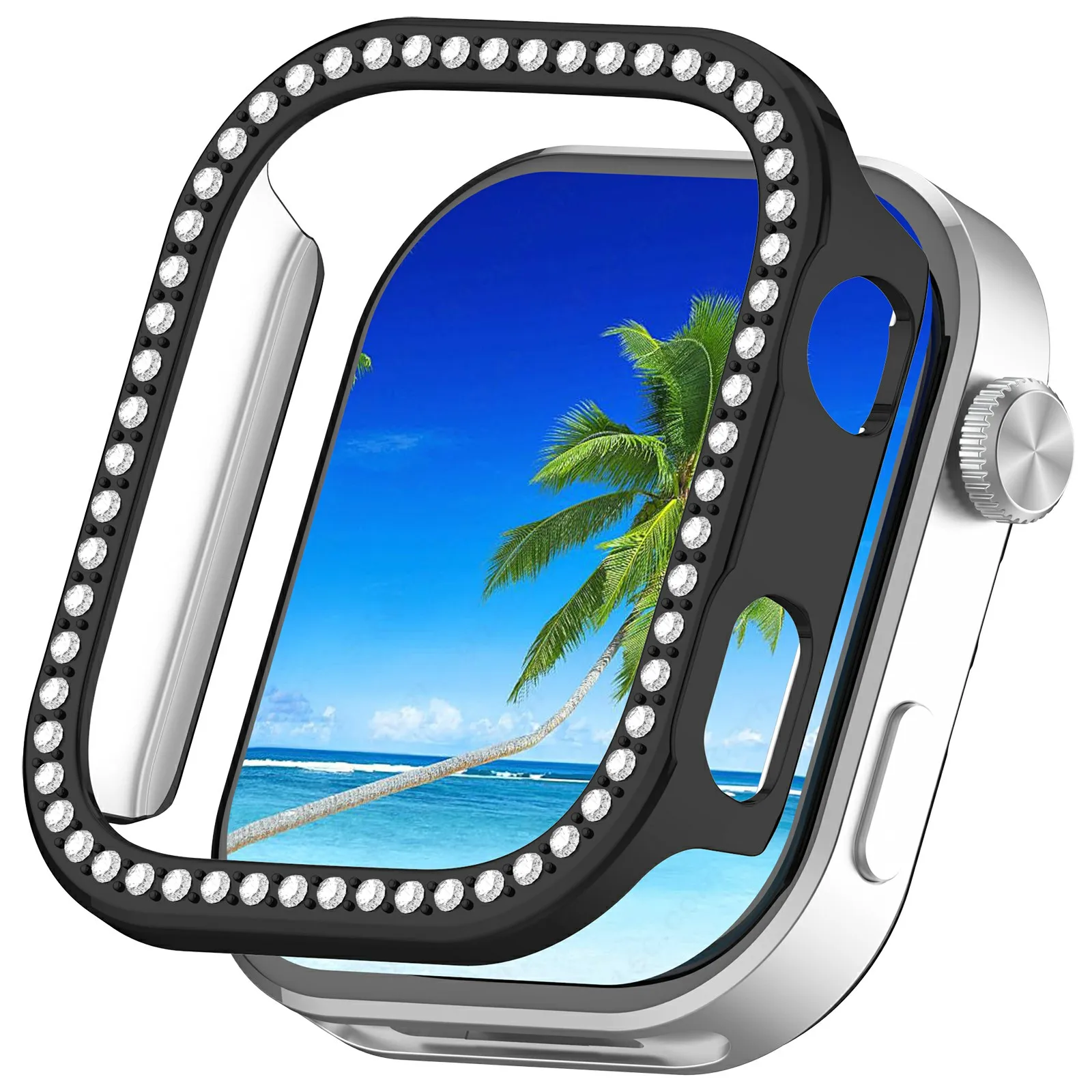 

For Xiaomi Redmi Watch 6 PC Watch Case Rhinestone Decor Hollow PC Protective Cover - Black