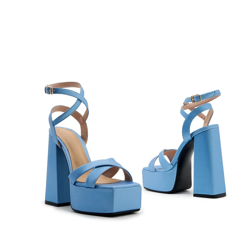 Women's Sandals for Ladies Simple Solid Color Blue Nude Black Sexy Elegant Super 14 cm High Heel Platform Sandals