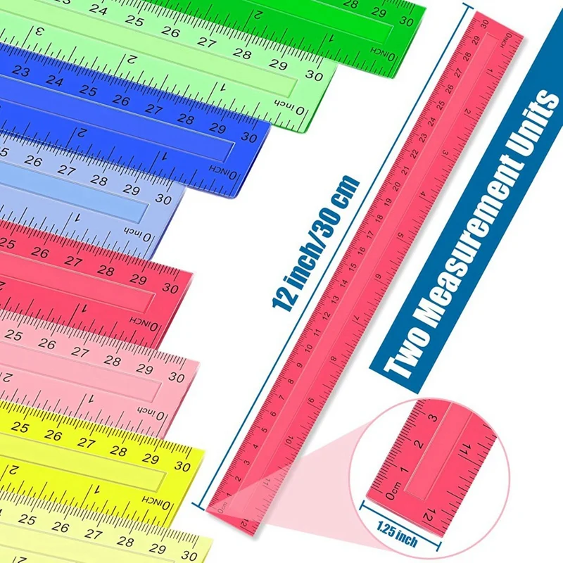 Penggaris plastik 12 inci, 32 PCS transparan aneka warna metrik penggaris jumlah besar dengan inci sentimeter milimeter.