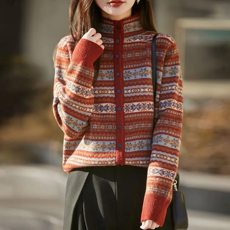 Sheep wool semi-turtleneck retro jacquard autumn and winter loose sweater long sleeve knitted cardigan women 2