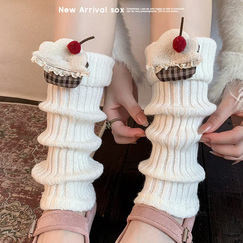 1 زوج تدفئة الساق للفتيات النساء Kawaii Harajuku تدفئة الساق لطيف محبوك طويل جوارب السيقان القوطي لوليتا الآيس كريم الكرز Decro