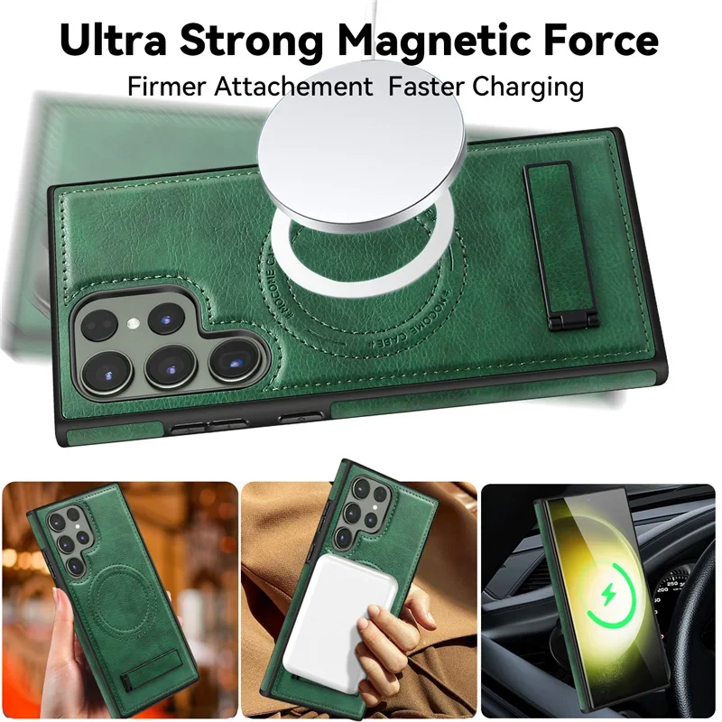 Luxury Leather Phone Magsafe Case For Samsung Galaxy S25 S24 Ultra S22 S23 Magnetic Wireless Back Cover Kickstand Holder Stand