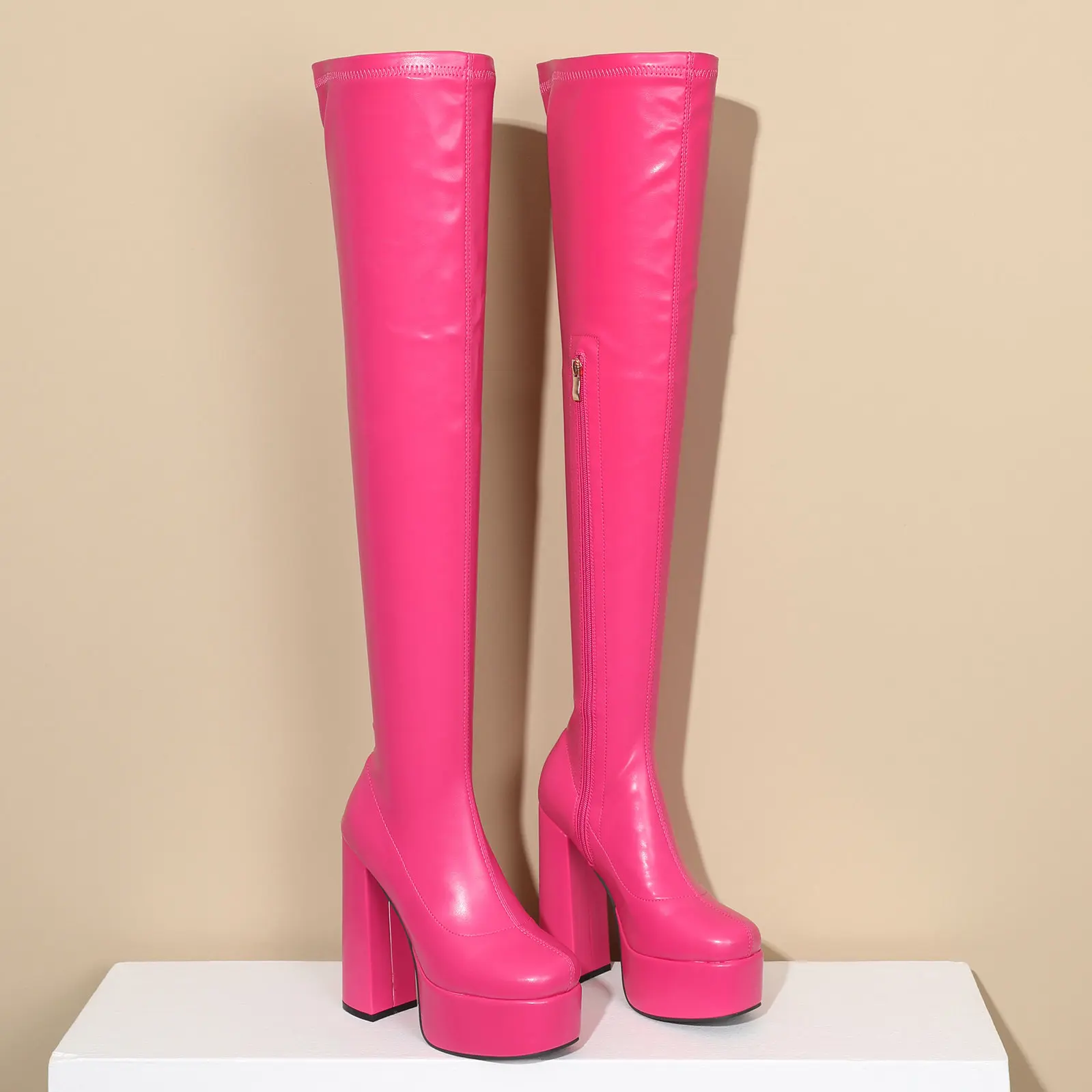 Bright Fuschia Pink Green Sexy Women Shoes Winter Overknees Block High Heels Boots Over-the-knee Stretch Platform Long Boots