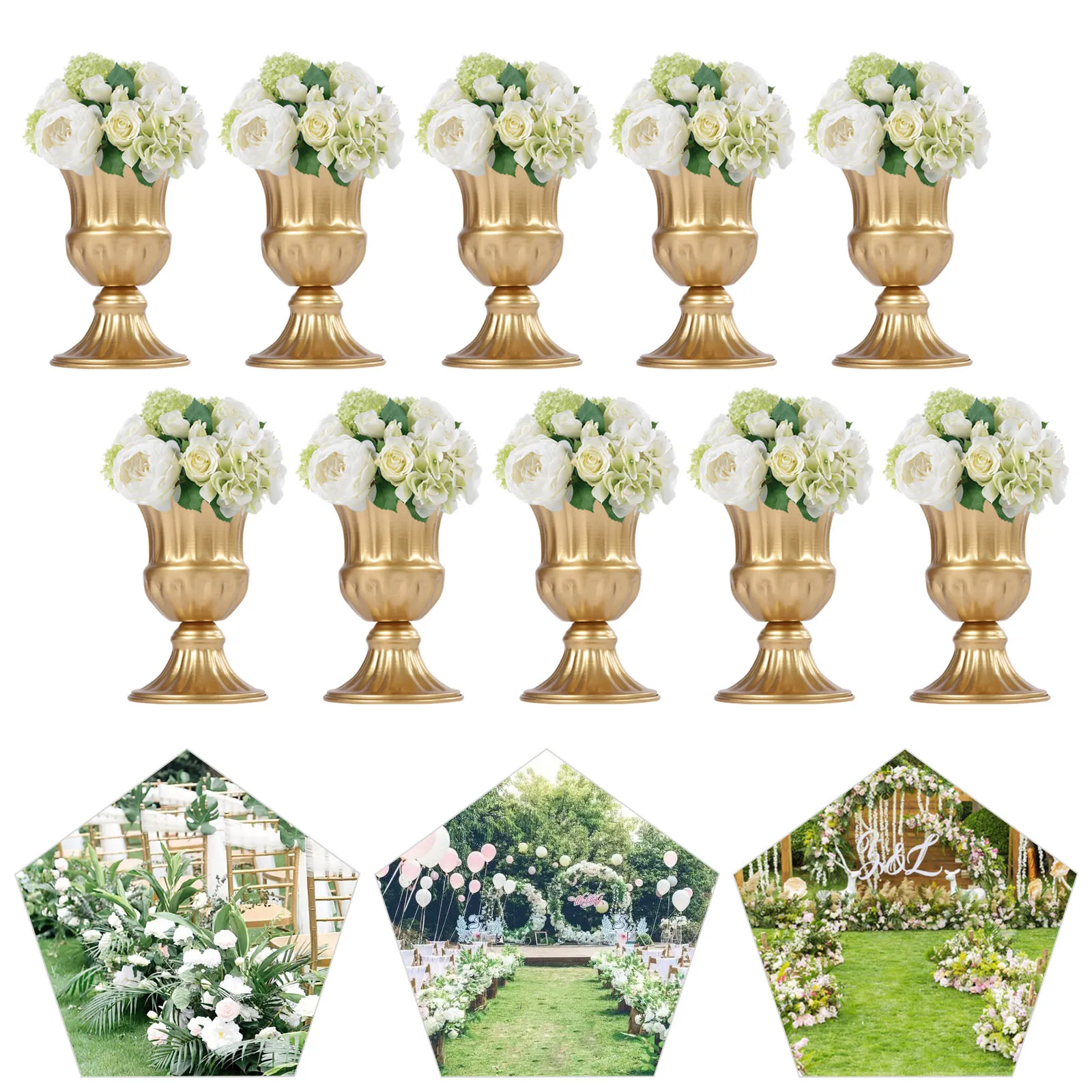 

10Pcs 16cm/6.3" Tall Art Iron Trumpet Vase Flower Stand European Metal Wedding Party Centerpieces Decoration Golden