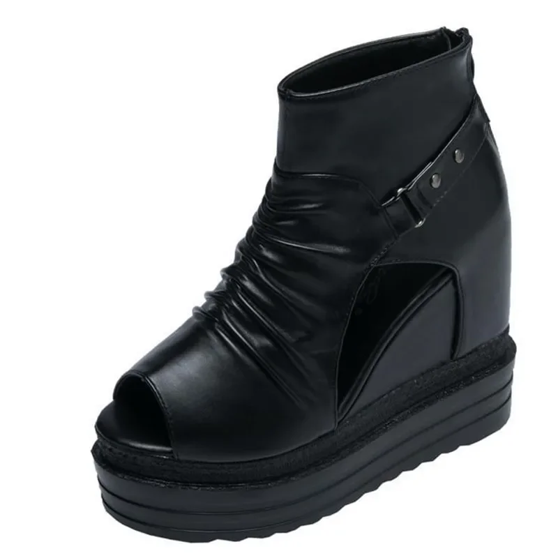 

12cm Spring and Summer Open Toe Ankle Boots for Women with Heel Hollow Out Black Wedge Boots Height Increased Korean Japanese