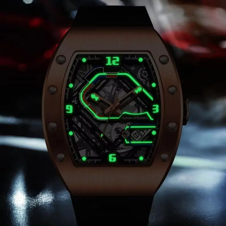 

HANBORO Men Automatic Watch 50mm Tonneau Mechanical Wristwatch Luminous Waterproof Skeleton Racing Track Dial Miyota 9015