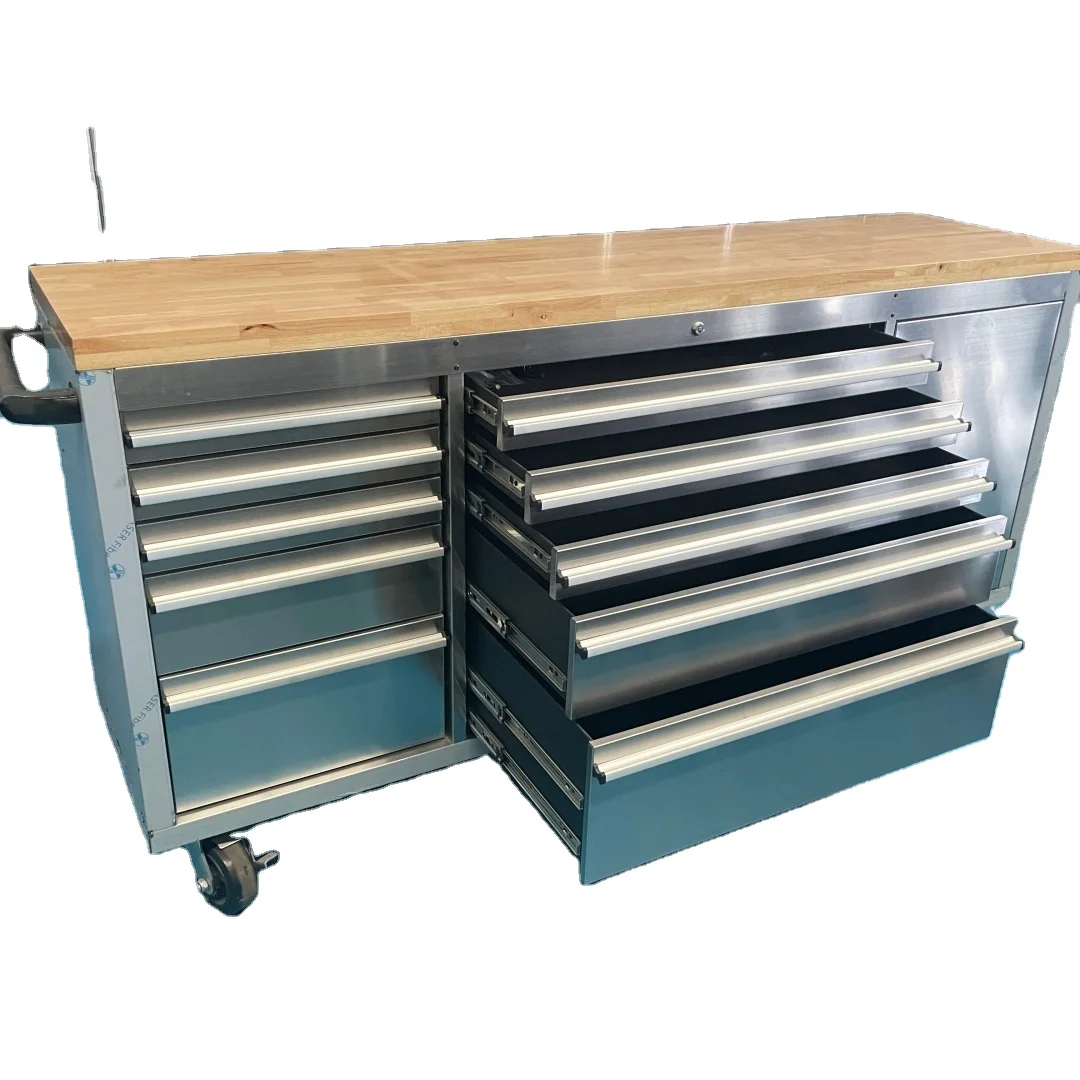 

15 Drawers 72 Inch Super Large Heavy Stainless Steel Tool Chest with Solid Wooden Worktop