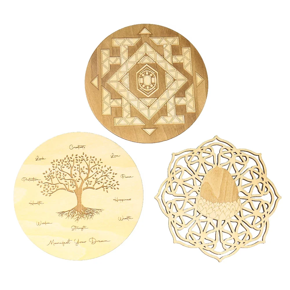 10-12cm Wooden Chakra Board Lotus Flower Tree of Life Universe Witchcraft Stone Stand Crystal Meditation Healing Sri Yantra Yoga