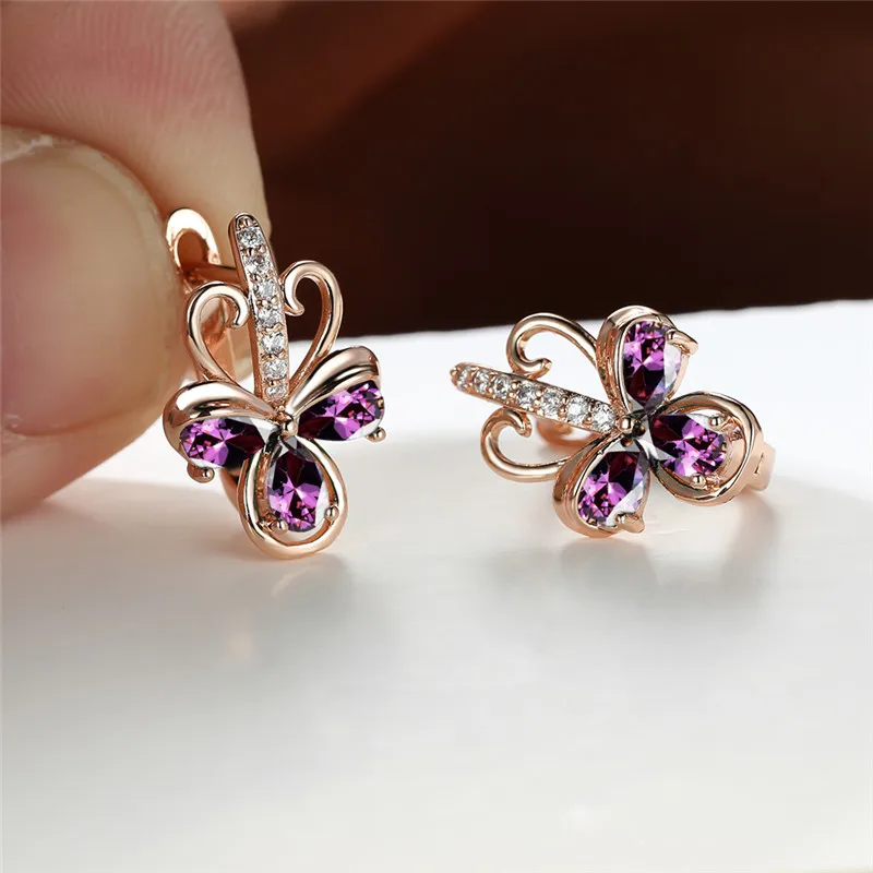 Charm Female Green Blue Zircon Stone Flower Clip Earrings Vintage Gold Color Wedding Jewelry For Women