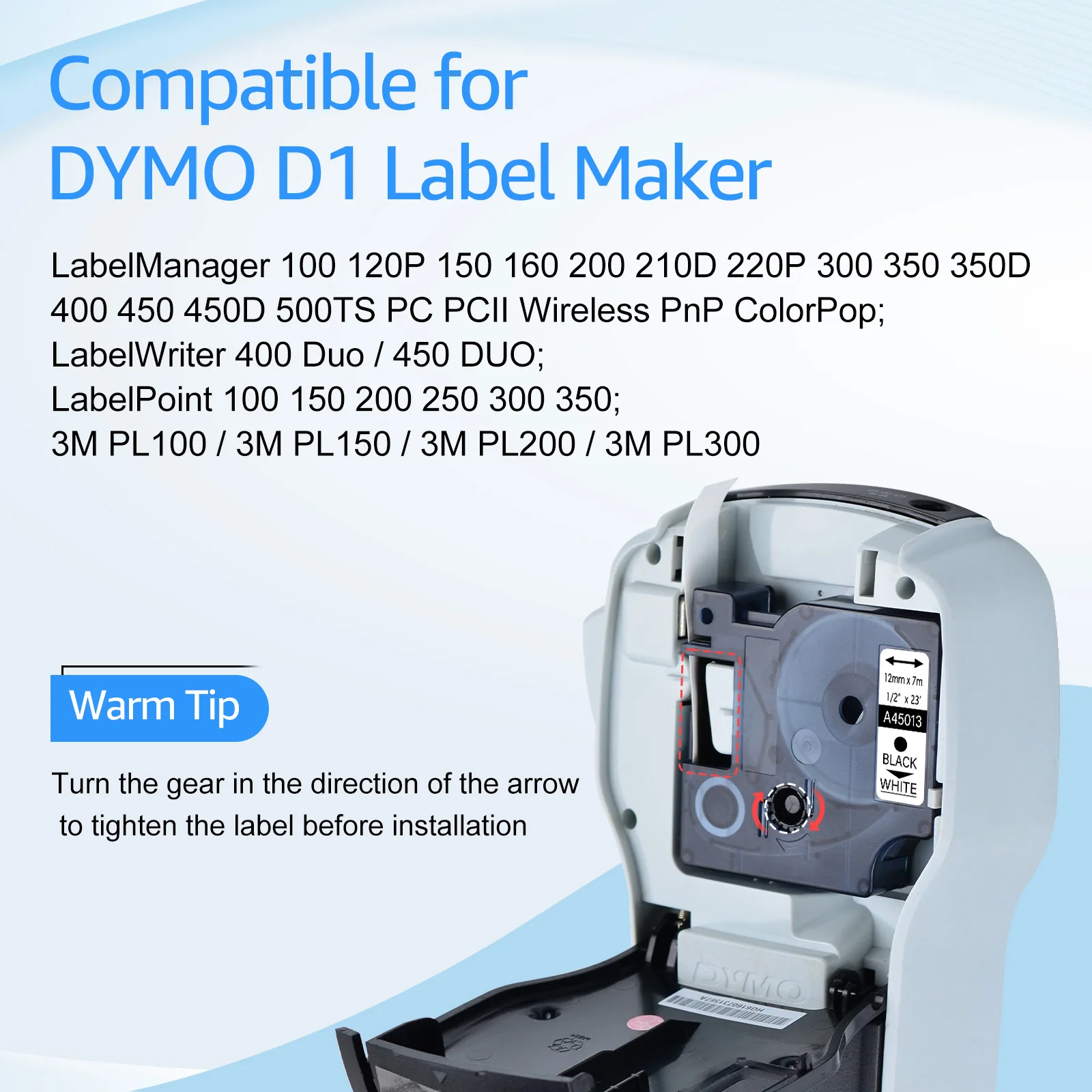 Cruxer 5PK 12mm Label Tape Compatible for Dymo D1 45010 45013 45021 Cartridge for Dymo Label Manager 150 200 250 Label Printer